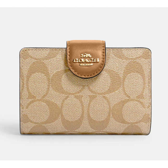 Billetera Medium Corner Coach canvas Gold Khaki